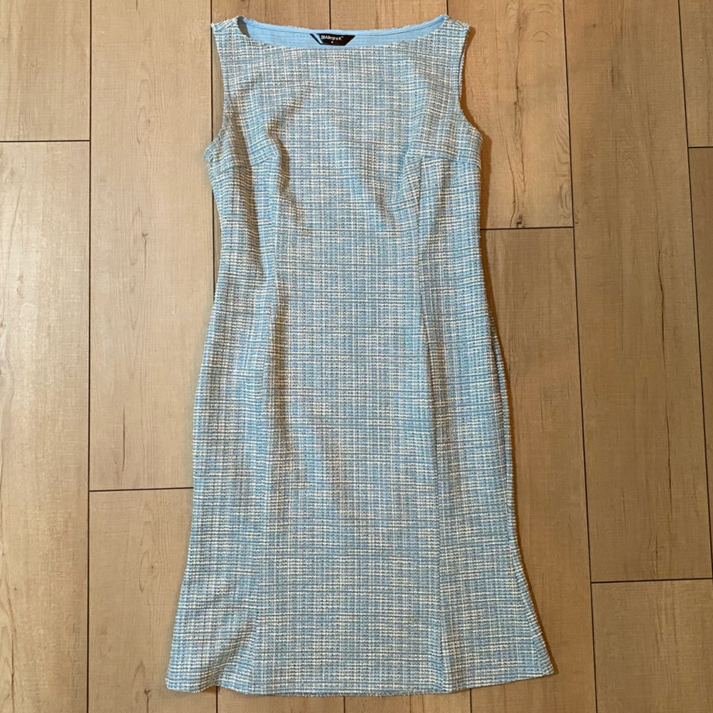 Allegra K Tweed Sleeveless Sheath Dress - Blue/Beige, Size M, Hidden Side Zip